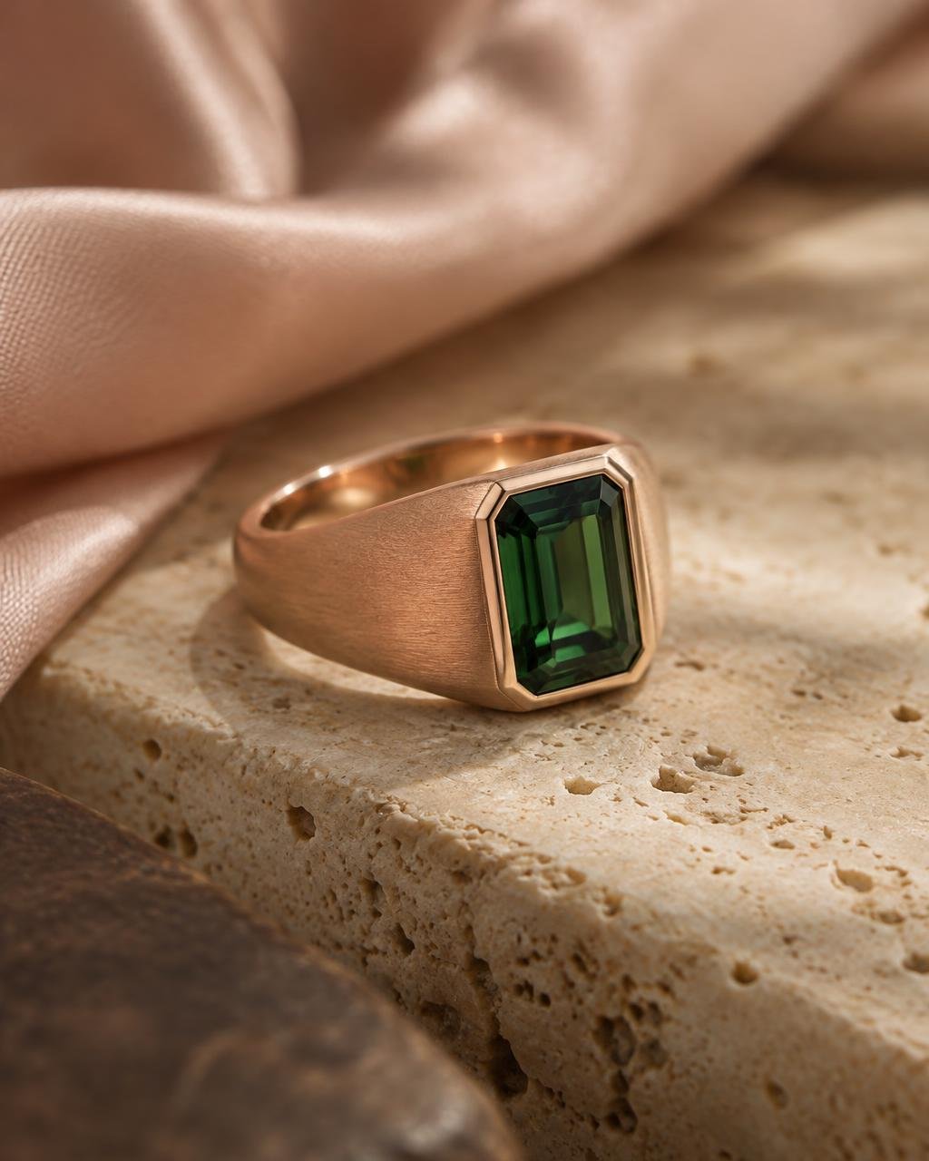 Brushed rose gold signet ring with emerald-cut green stone on travertine