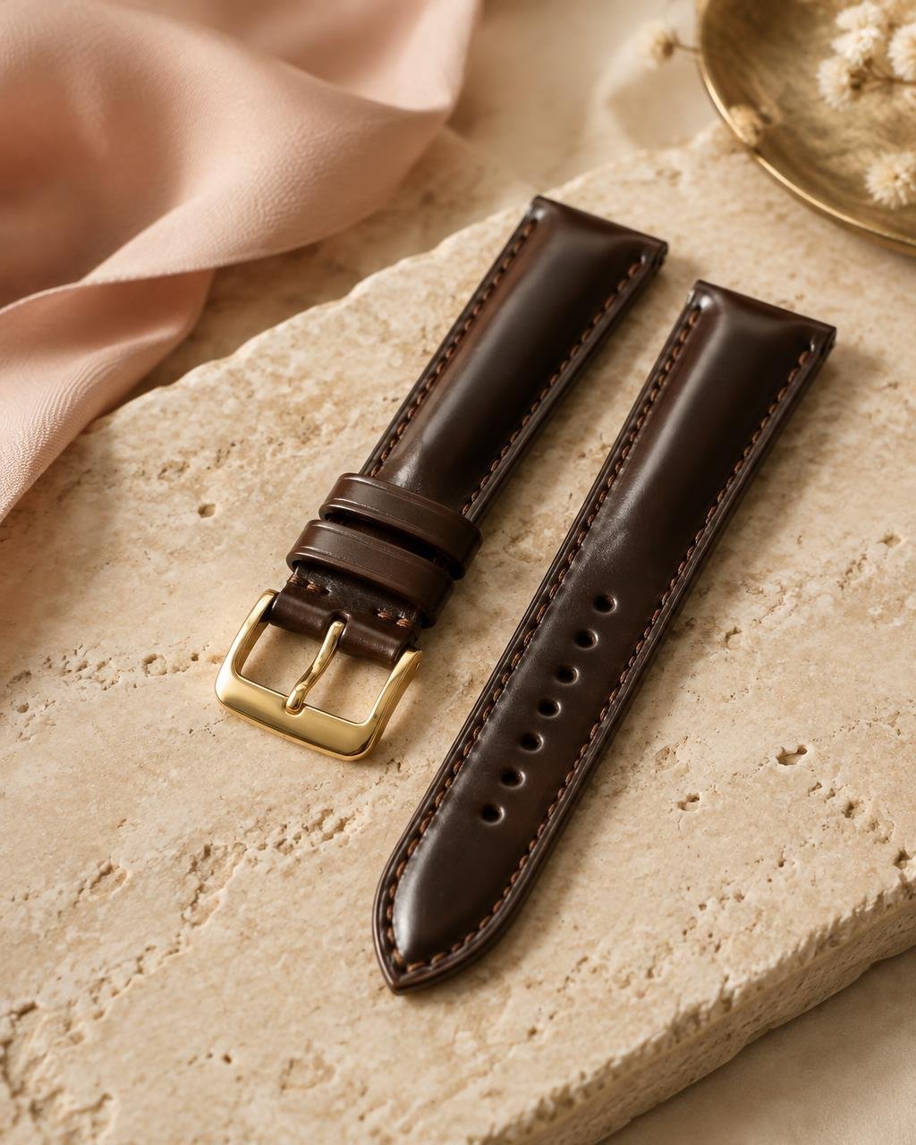 Dark brown shell cordovan strap with gold buckle