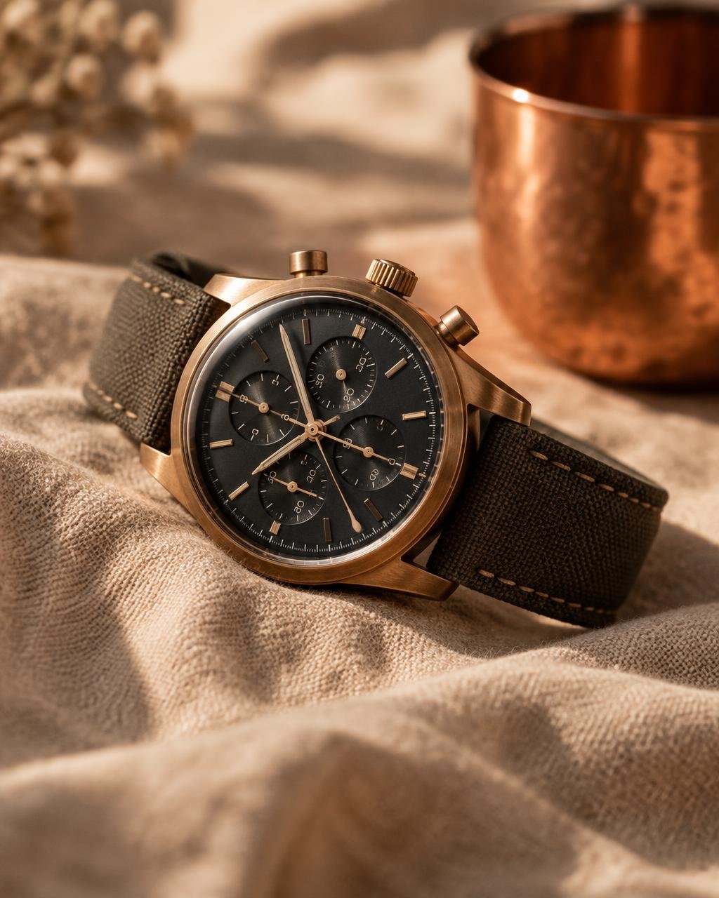 Bronze chronograph watch with black dial on dark linen