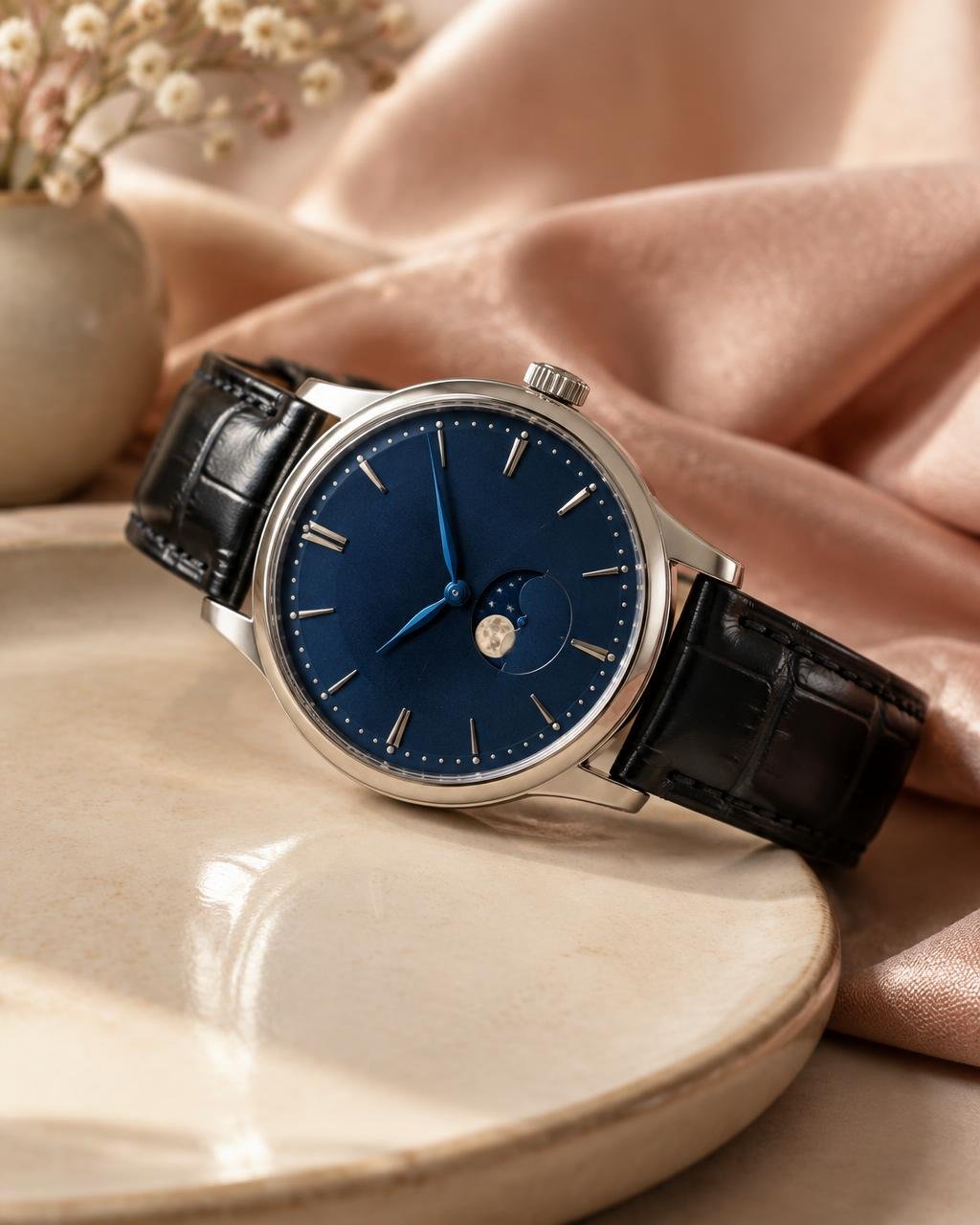 Steel moonphase watch with navy dial and black alligator strap