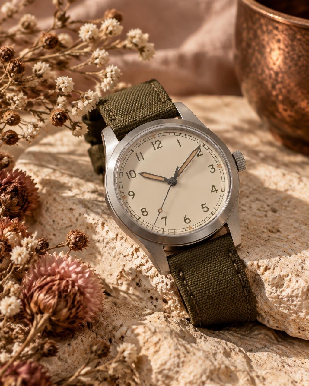 Steel field watch with cream dial and olive canvas strap on limestone