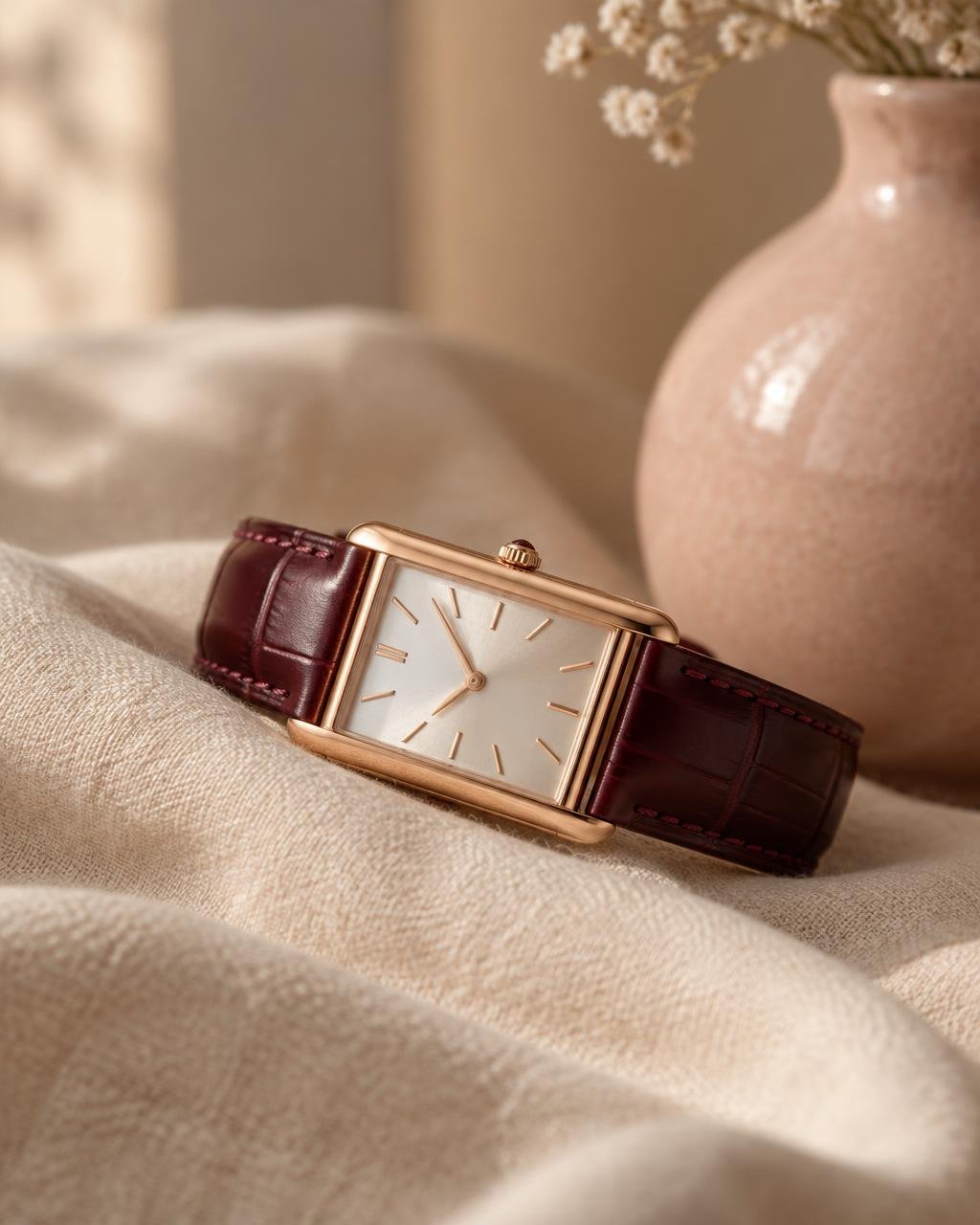 Rectangular rose gold watch with burgundy leather strap on linen